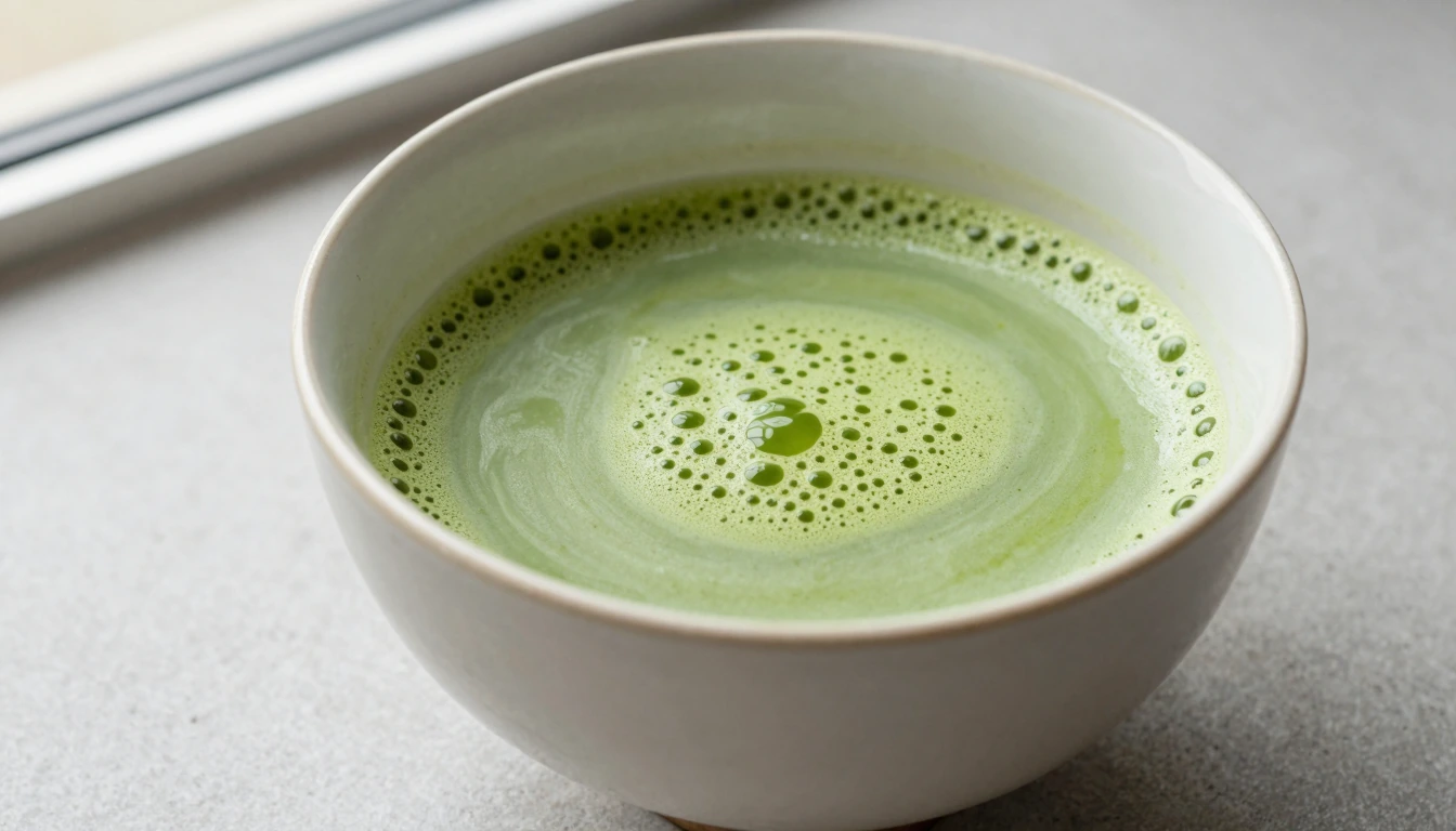 Green whisked matcha with delicate foam in a handmade cream ceramic bowl