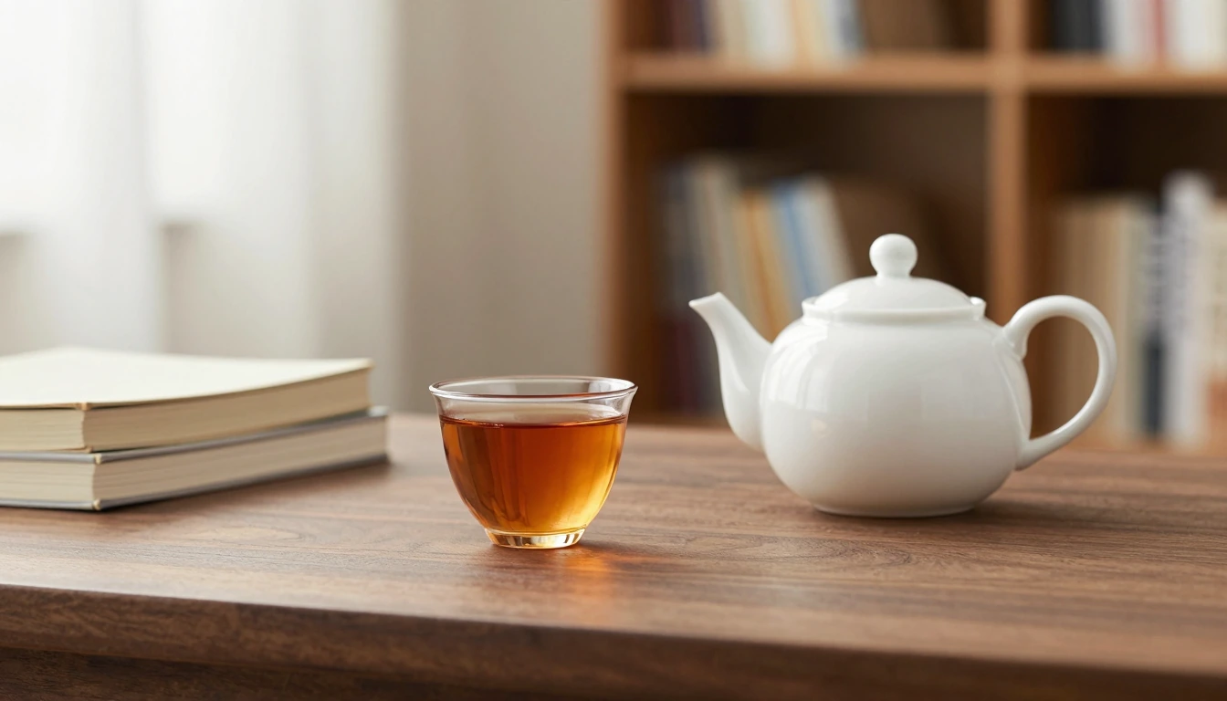 A white teapot and glass cup of amber tea beside closed unmarked books