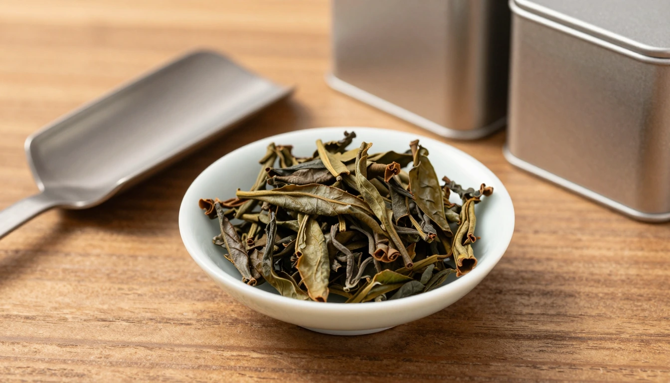 Long curled dry tea leaves in a white dish beside a metal scoop and two plain tins
