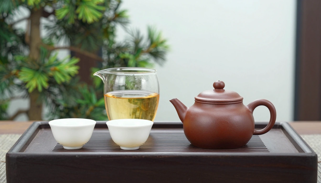 A brown clay teapot, glass server and two white cups on a wooden tray near evergreen foliage