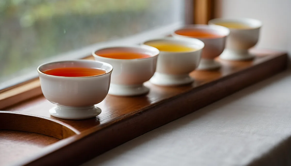 Row of tasting cups with liquor from pale gold to red-brown