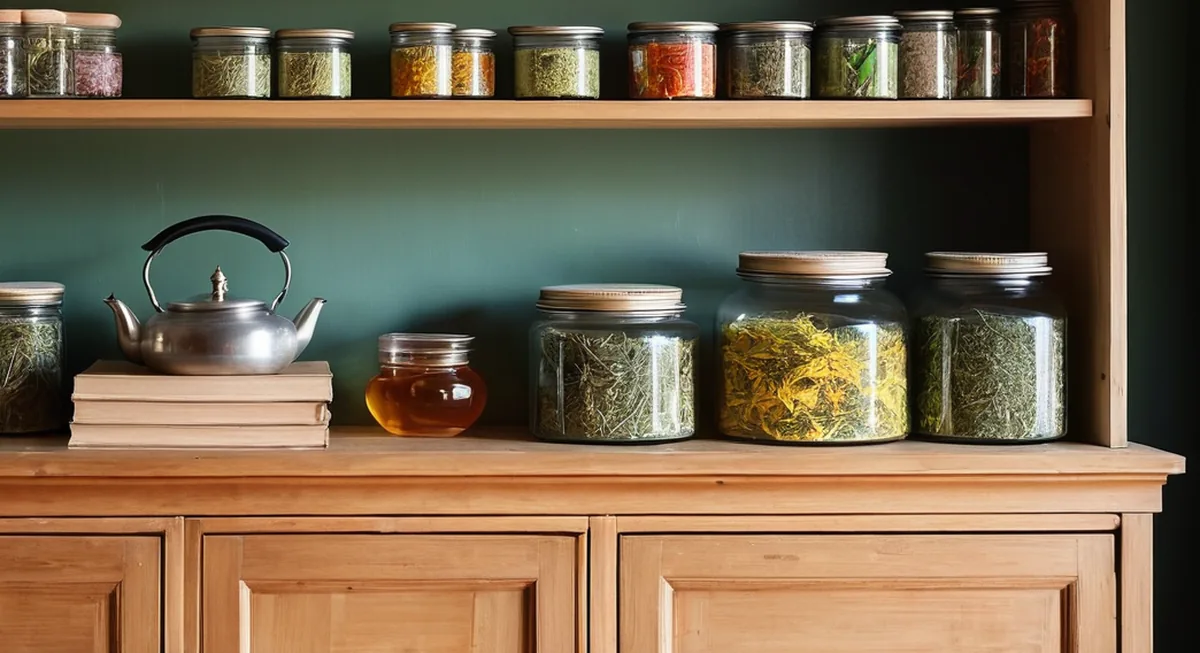 Shelves of loose-leaf tea in tins and jars