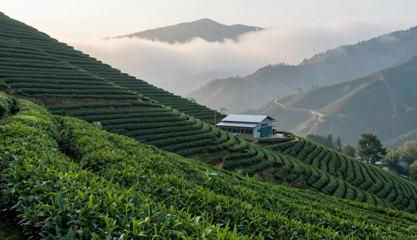 Terraced tea slopes under low clouds, with a tin-roof tea factory on the ridge
