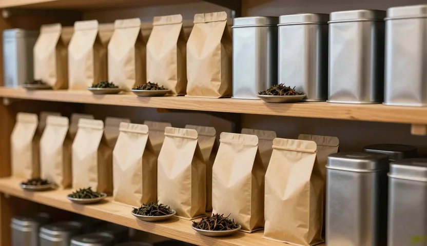 Shelves of plain kraft tea bags and steel tins, each with a small dish of dry leaf