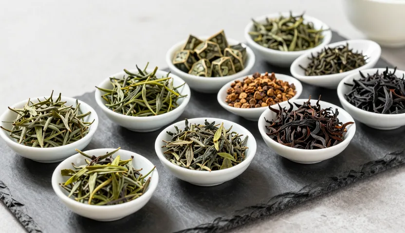 Ten white dishes of different dry teas arranged on dark slate