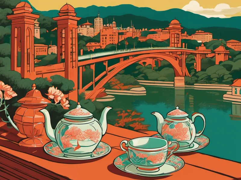 Travel-poster illustration of teapots and cups on a terrace above a river city with an arched bridge