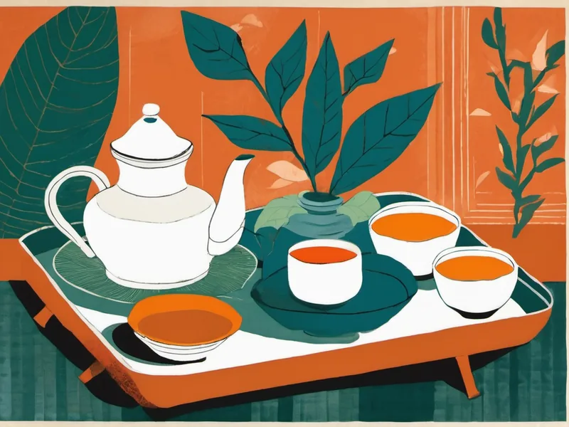 Illustration of a tasting tray with a white teapot, small cups of amber tea and a leafy tea branch